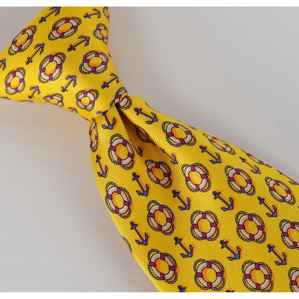 Polo Ralph Lauren Neck Tie Yellow Anchors Lifesavers 100% Silk Handmade In Italy